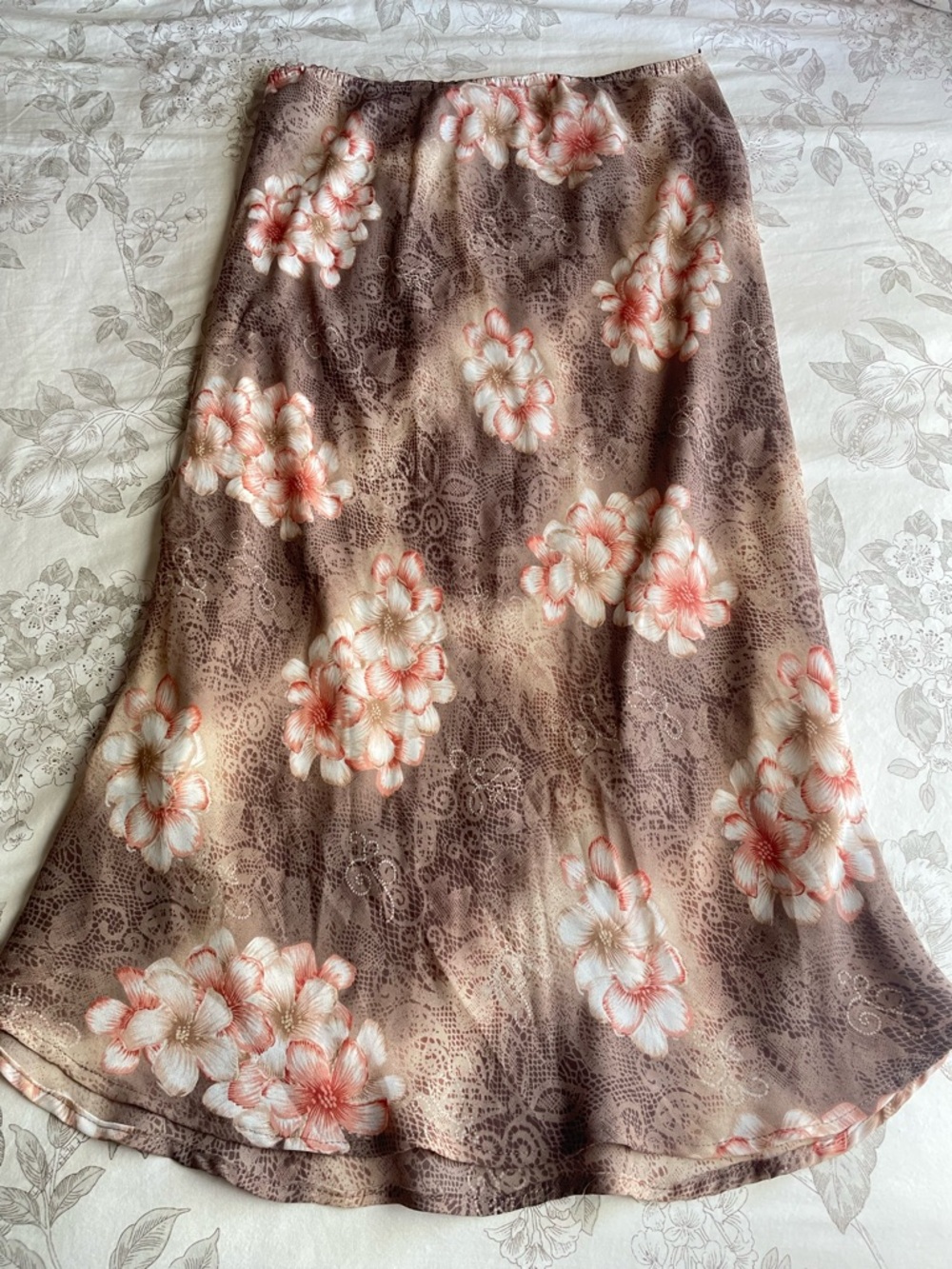 Vintage 90s Tan Pink‎ Floral Midi Slip Skirt Medium Fairycore Ethereal Feminine